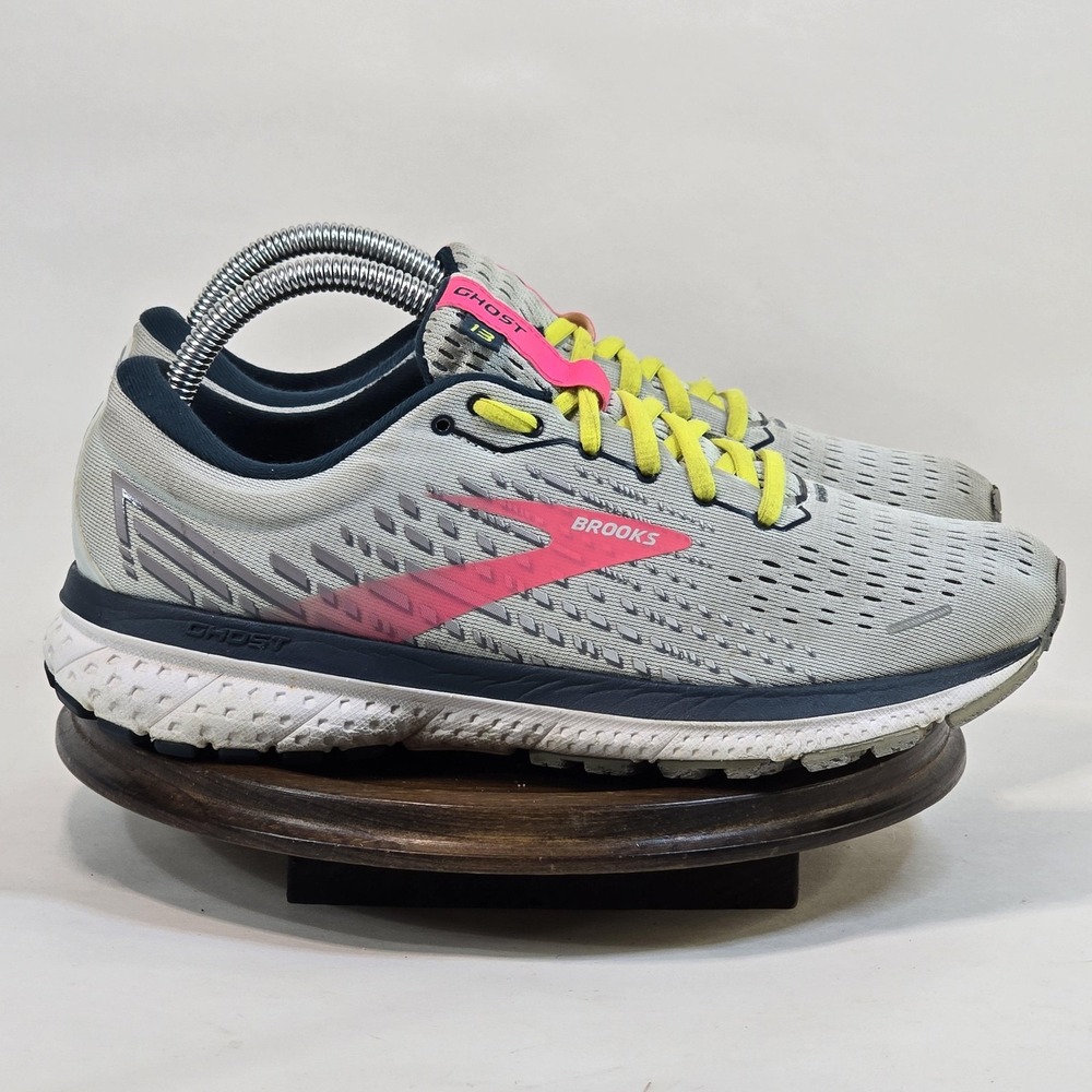 Brooks Ghost 13 Shoes Womens Size 8.5 Gray Pink Yellow Running Athletic Sneakers